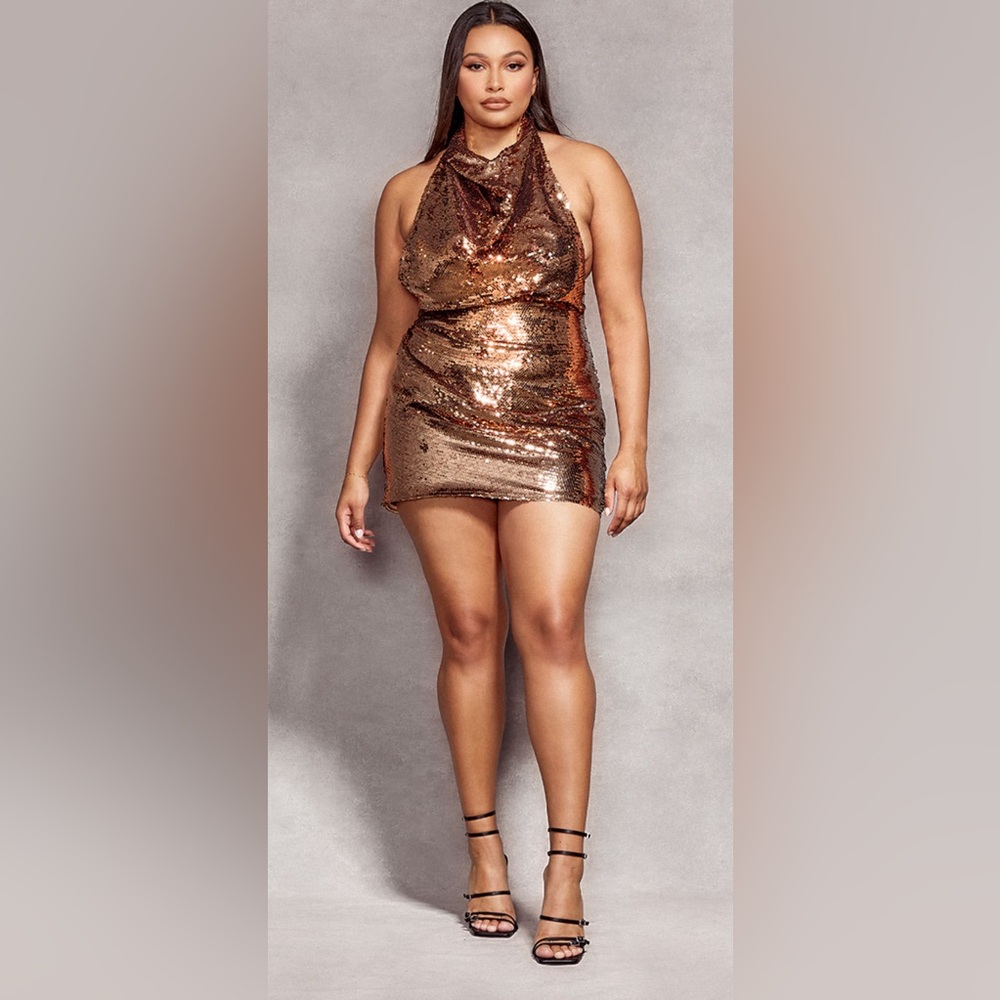 PrettyLittleThing x Naomi Campbell BRONZE SEQUIN HIGH NECK BACKLESS DRESS